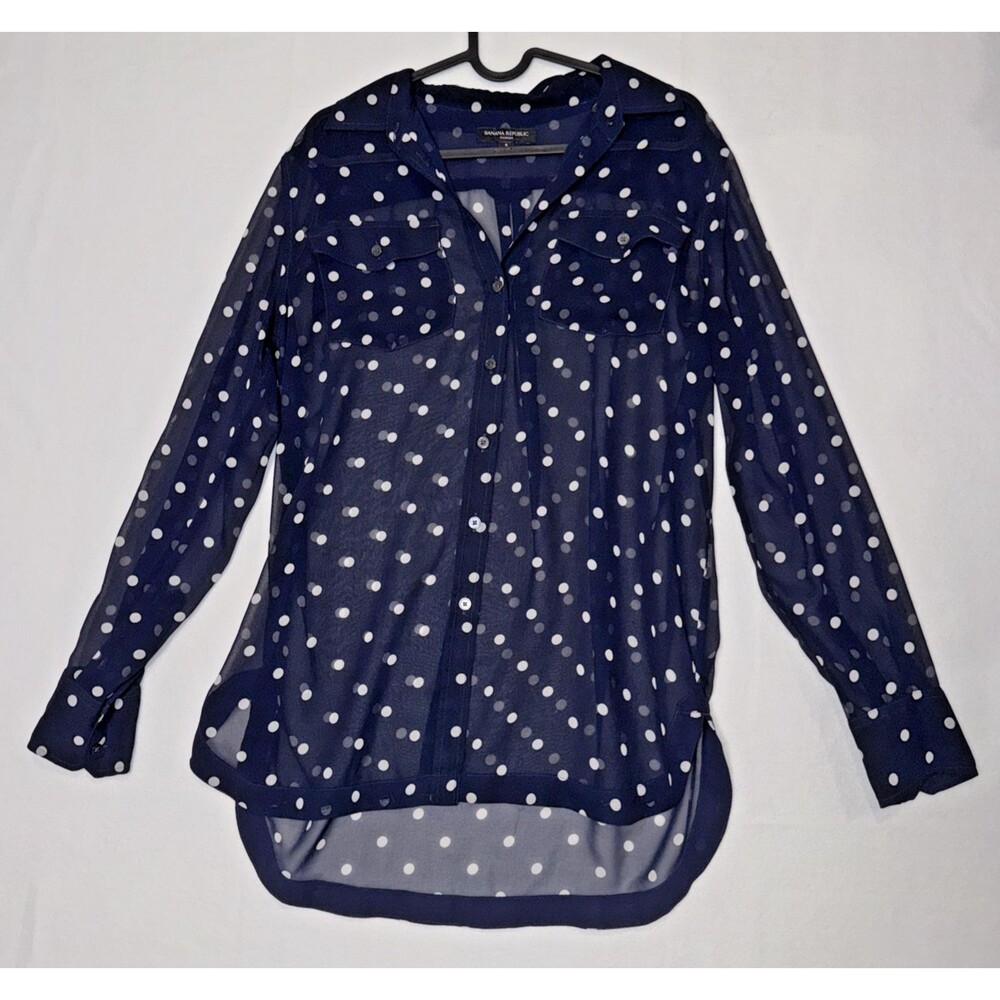 Banana Republic Navy Polka Dot Sheer Blouse Sz Sm Trendy Layered Look Airy